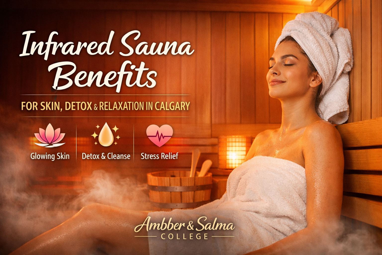 Woman relaxing in an infrared sauna at a women-only spa in Calgary showing infrared sauna benefits for skin, detox, and stress relief