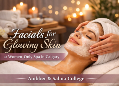A woman relaxing with a facial mask at a women-only spa in Calgary, enjoying glowing skin and rejuvenation during a professional facial session.